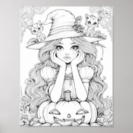 Halloween Whimsy: Pompoenkatten op Pet kleuring Poster