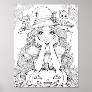 Halloween Whimsy: Pompoenkatten op Pet kleuring Poster