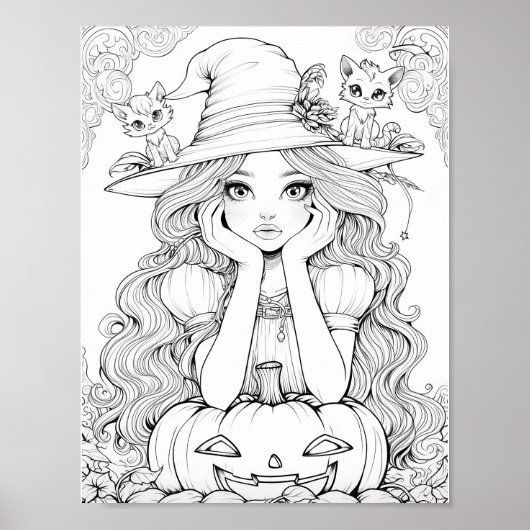 Halloween Whimsy: Pompoenkatten op Pet kleuring Poster (Voorkant)