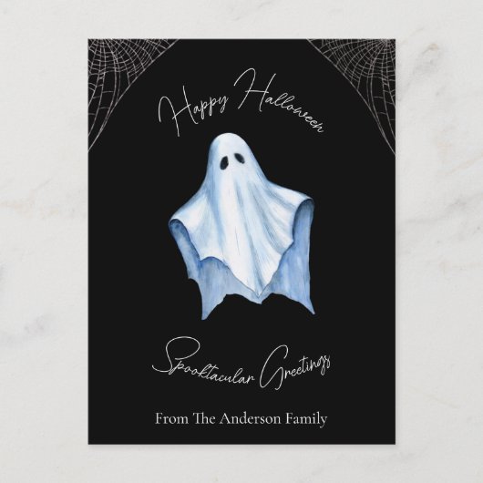 Halloween White Sheet Ghost & Cobwebs Gothic Zwart Feestdagenkaart (Voorkant)