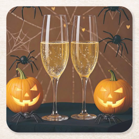 Halloween Wijn Champagne Spinnen Pompoenen Kartonnen Onderzetters (Voorkant)