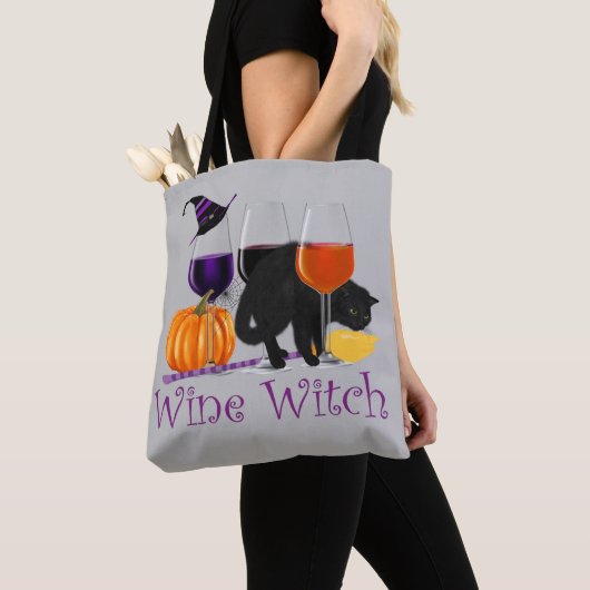 Halloween Wijnheks Zwarte Kat Tote Bag (Dichtbij)