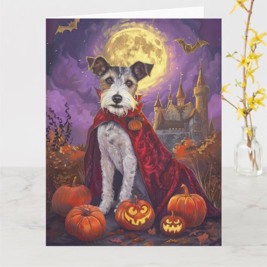 Halloween Wirefox Terrier Vampire Pumpkins eng Kaart (Gele Bloem)