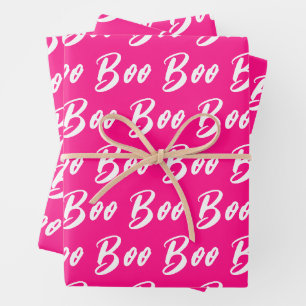 Halloween wit heet roze boo tekst patroon inpakpapier vel