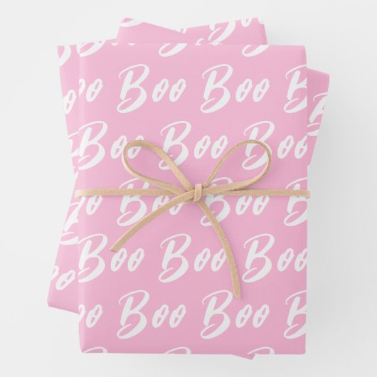 Halloween wit licht roze boo tekst patroon inpakpapier vel (In situ)