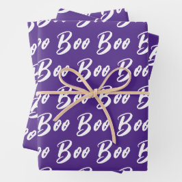 Halloween wit paarse boo tekst patroon inpakpapier vel