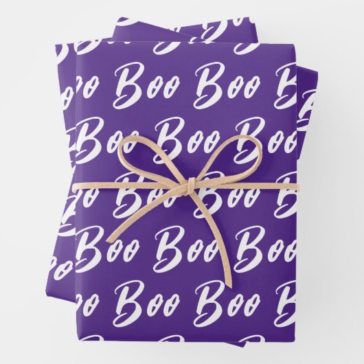 Halloween wit paarse boo tekst patroon inpakpapier vel (In situ)