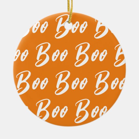 Halloween wit sinaasappel boo tekstpatroon keramisch ornament (Voorkant)