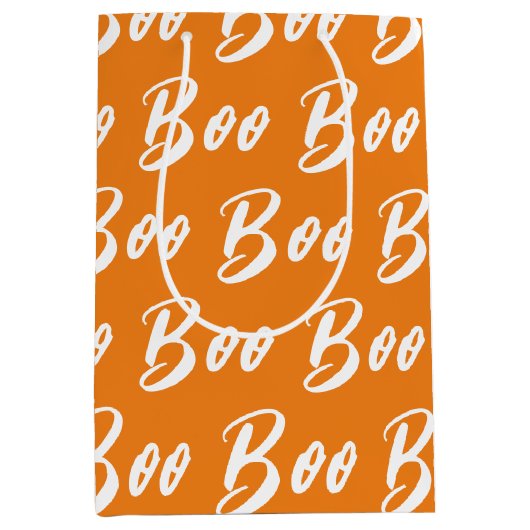 Halloween wit sinaasappel boo tekstpatroon medium cadeauzakje (Voorkant)