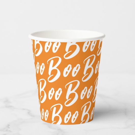 Halloween wit sinaasappel boo tekstpatroon papieren bekers (Voorkant)