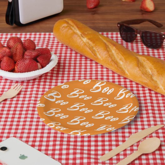 Halloween wit sinaasappel boo tekstpatroon papieren bordje (Picknick)