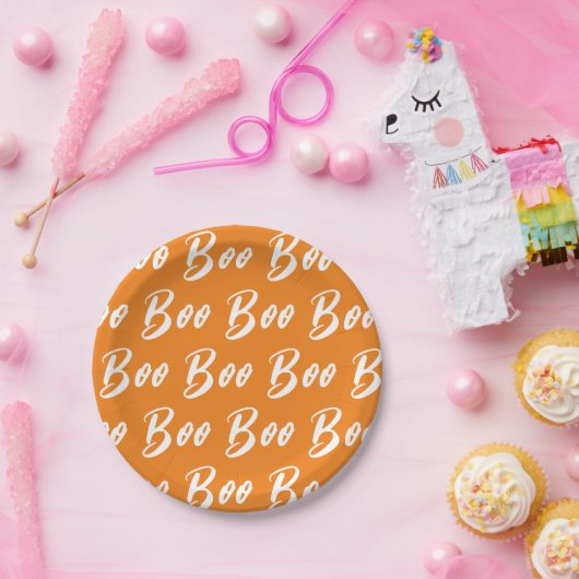 Halloween wit sinaasappel boo tekstpatroon papieren bordje (Feest)