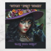 Halloween Witch and Black Cat Wijn Etiket (Enkel label)