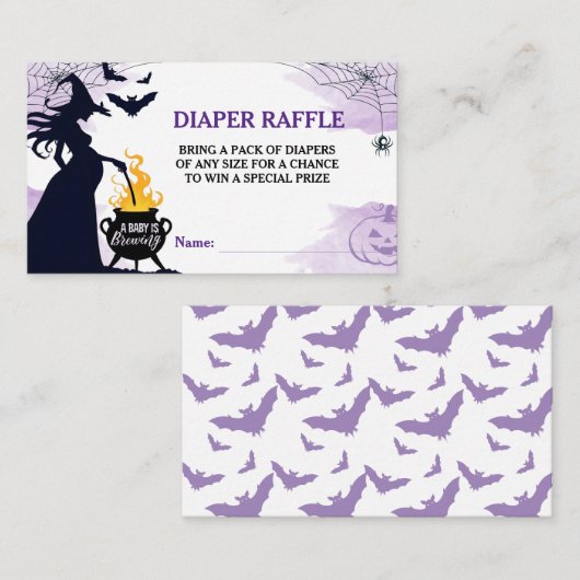 Halloween Witch Baby shower Luier Raffle Paarse Informatiekaartje (Voorkant / Achterkant)