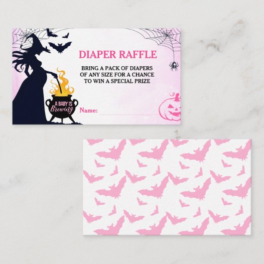 Halloween Witch Baby shower Luier Raffle Roze Informatiekaartje (Voorkant / Achterkant)