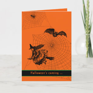 Halloween Witch Bat Spider Scary Oranje Gepluikt p Kaart