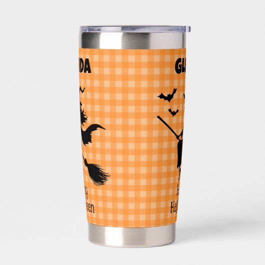 Halloween Witch & Bats Orange Plaid Custom Name Geïsoleerde Drinkbeker (Links)