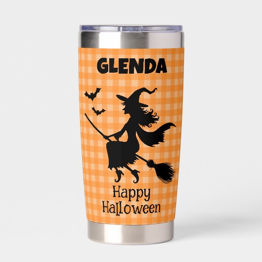 Halloween Witch & Bats Orange Plaid Custom Name Geïsoleerde Drinkbeker (Achterkant)