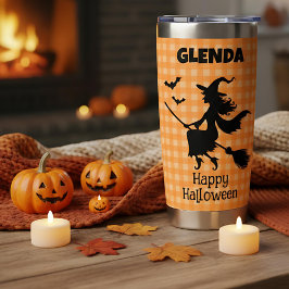 Halloween Witch & Bats Orange Plaid Custom Name Geïsoleerde Drinkbeker