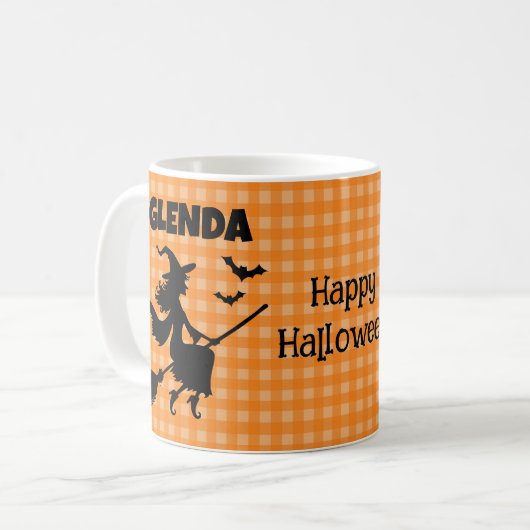 Halloween Witch & Bats Orange Plaid Custom Name Koffiemok (Voorkant links)