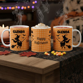 Halloween Witch & Bats Orange Plaid Custom Name Koffiemok
