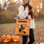 Halloween Witch & Bats Orange Plaid Custom Name Tote Bag