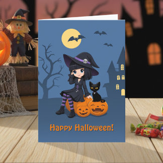 Halloween Witch, Black Cat, and Curved Pumpkins Kaart