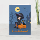 Halloween Witch, Black Cat, and Curved Pumpkins Kaart (Voorkant)
