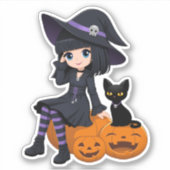 Halloween Witch, Black Cat, and Curved Pumpkins Sticker (Voorkant)