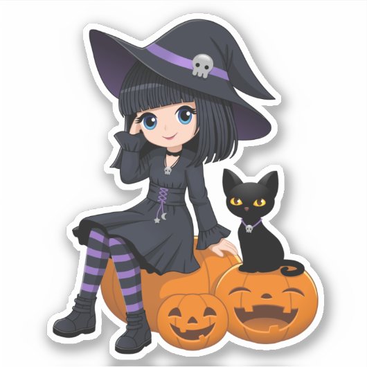Halloween Witch, Black Cat, and Curved Pumpkins Sticker (Voorkant)