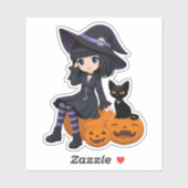 Halloween Witch, Black Cat, and Curved Pumpkins Sticker (Vel)
