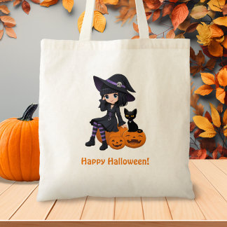 Halloween Witch, Black Cat, and Curved Pumpkins Tote Bag