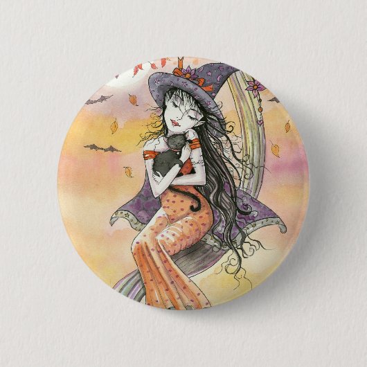 Halloween Witch Black Cat Button Pin (Voorkant)