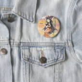 Halloween Witch Black Cat Button Pin (In situ)