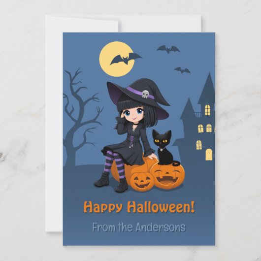 Halloween Witch, Black Cat, Curved Pumpkins Family Feestdagenkaart (Voorkant)