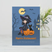 Halloween Witch, Black Cat, Curved Pumpkins Family Feestdagenkaart (Staand voorkant)