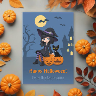 Halloween Witch, Black Cat, Curved Pumpkins Family Feestdagenkaart