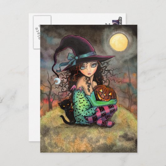 Halloween Witch Black Cat en Jack-O-Lantern Briefkaart (Voorkant / Achterkant)