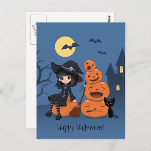 Halloween Witch, Black Cat en Pumpkins Briefkaart
