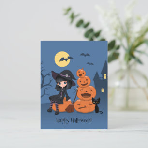 Halloween Witch, Black Cat en Pumpkins Briefkaart