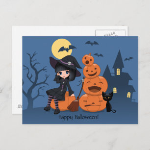 Halloween Witch, Black Cat en Pumpkins Briefkaart