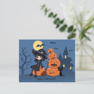 Halloween Witch, Black Cat en Pumpkins Briefkaart