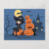 Halloween Witch, Black Cat en Pumpkins Briefkaart (Voorkant)
