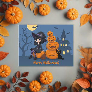 Halloween Witch, Black Cat en Pumpkins Briefkaart