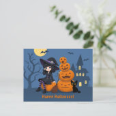 Halloween Witch, Black Cat en Pumpkins Briefkaart (Staand voorkant)
