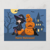 Halloween Witch, Black Cat en Pumpkins Briefkaart (Voorkant)