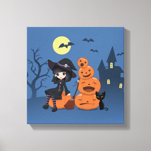Halloween Witch, Black Cat en Pumpkins Canvas Afdruk (Voorkant)