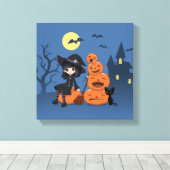 Halloween Witch, Black Cat en Pumpkins Canvas Afdruk (Insitu (Houten vloer))