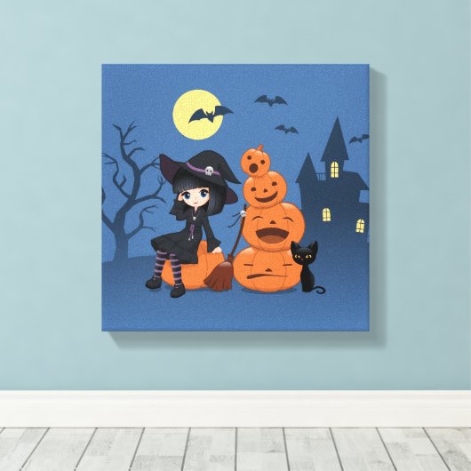 Halloween Witch, Black Cat en Pumpkins Canvas Afdruk (Insitu (Houten vloer))
