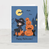 Halloween Witch, Black Cat en Pumpkins Kaart (Voorkant)